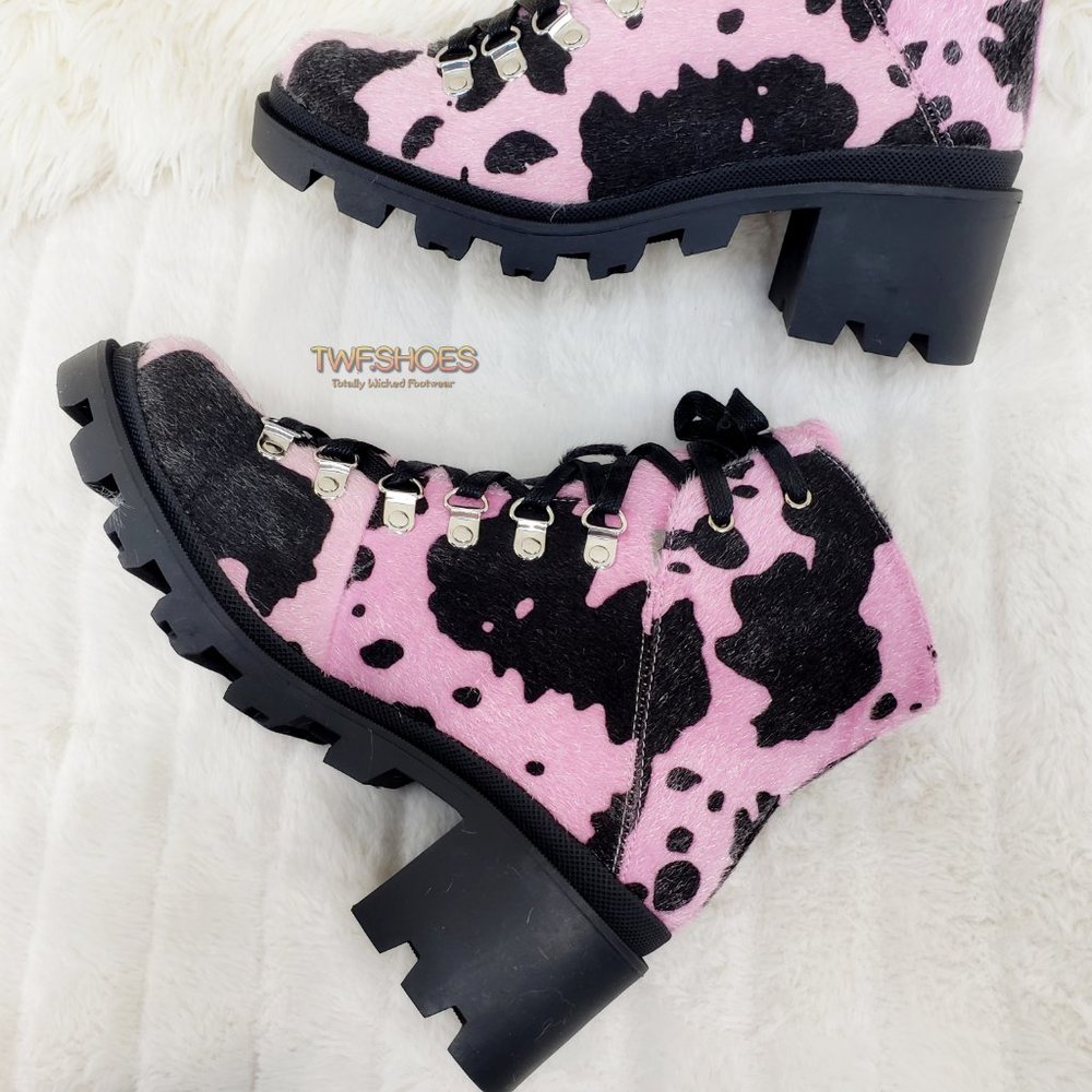 Baby Pink Faux Fur Cow Print Lug Sole Emo Ankle boots - Picture 9 of 14